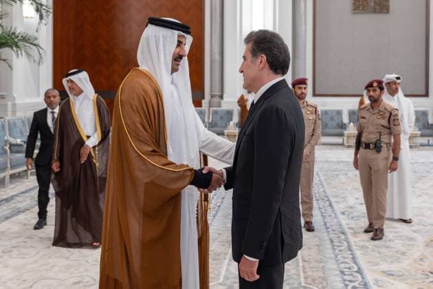 Qatar emir receives condolences at Lusail Palace Qatar s Emir Sheikh Tamim bin Hamad Al Thani receives delegations offering condolences following the death of former Emir Sheikh Hamad bin Khalifa Al Thani at Lusail Palace in Doha, Qatar, on July 14, 2026. The delegations included heads of state, official representatives, and senior officials paying their respects. Photo by Emiri Diwan Office apaimages Doha Doha Qatar 140726_Qatar_QPO_00(5) Copyright: xapaimagesxEmirixDiwanxOfficex xapaimagesx