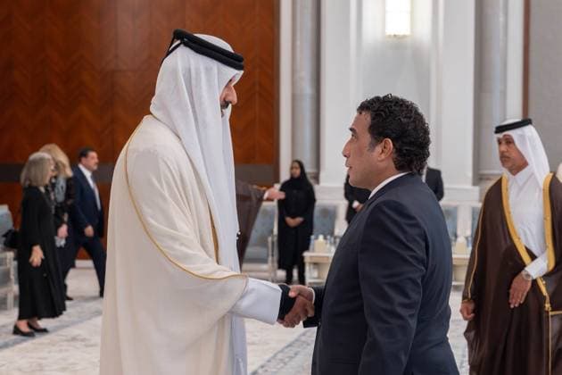 Qatar emir receives condolences at Lusail Palace Qatar s Emir Sheikh Tamim bin Hamad Al Thani receives delegations offering condolences following the death of former Emir Sheikh Hamad bin Khalifa Al Thani at Lusail Palace in Doha, Qatar, on July 14, 2026. The delegations included heads of state, official representatives, and senior officials paying their respects. Photo by Emiri Diwan Office apaimages Doha Doha Qatar 140726_Qatar_QPO_00(42) Copyright: xapaimagesxEmirixDiwanxOfficex xapaimagesx