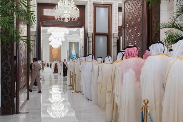 Qatar emir receives condolences at Lusail Palace Qatar s Emir Sheikh Tamim bin Hamad Al Thani receives delegations offering condolences following the death of former Emir Sheikh Hamad bin Khalifa Al Thani at Lusail Palace in Doha, Qatar, on July 14, 2026. The delegations included heads of state, official representatives, and senior officials paying their respects. Photo by Emiri Diwan Office apaimages Doha Doha Qatar 140726_Qatar_QPO_00(3) Copyright: xapaimagesxEmirixDiwanxOfficex xapaimagesx