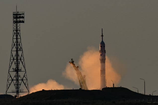 Kazakhstan Russia Space 9205399 14.07.2026 The Soyuz MS-29 spacecraft carrying NASA astronaut Anil Menon, Roscosmos cosmonauts Pyotr Dubrov and Anna Kikina blasts off to the International Space Station (ISS) from the launchpad at the Baikonur Cosmodrome, Kazakhstan. Yuri Kochetkov Sputnik Baikonur Kazakhstan  Copyright: xYurixKochetkovx
