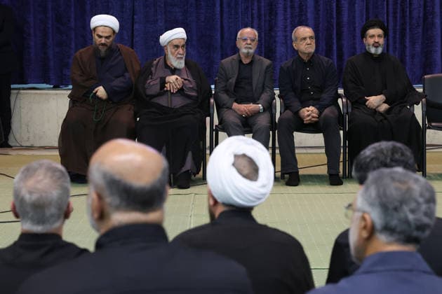 Memorial ceremony held in Tehran for former Iranian leader Khamenei TEHRAN, IRAN - JULY 14: (RESTRICTIONS: No Access Israel Media Persian Language TV Stations Outside Iran Strictly No Access BBC Persian VOA Persian Manoto TV Iran International TV) (----EDITORIAL USE ONLY MANDATORY CREDIT - IRANIAN PRESIDENCY HANDOUT - NO MARKETING NO ADVERTISING CAMPAIGNS - DISTRIBUTED AS A SERVICE TO CLIENTS----) Iranian President Masoud Pezeshkian (2nd R) and Mohammadi Golpayegani (2nd L), chief of staff to former Iranian leader Ali Khamenei, attend a memorial ceremony for Iran s former Supreme Leader Ali Khamenei, who was killed in a U.S.-Israeli airstrike at Imam Khomeini Mosalla Mosque in Tehran, Iran, on July 14, 2026. Iranian Presidency Handout  Copyright: x2026xAnadoluxIranianxPresidencyx xHandoutx