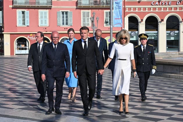 Commemoration of tenth anniversary of the Nice bombing French President Emmanuel Macron, Brigitte Macron, Yaël Braun-Pivet, Laurent Nunez, Eric Ciotti and François Hollande attend the ceremony to commemorate the tenth anniversary of the Nice truck-ramming attack on July 14, 2026 in Nice, France, which killed 86 people and injured 458 others on the Promenade des Anglais during the national holiday, marking the deadliest attack in Nice s history and the second deadliest in France under the Fifth Republic. Photo by Bruno Bebert Pool ABACAPRESS.COM Nice France  Copyright: xPool ABACAx