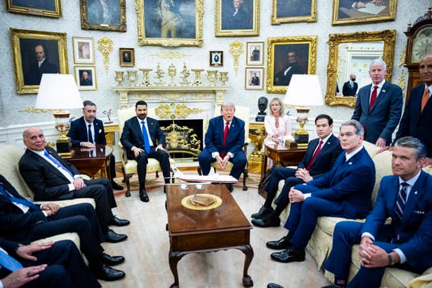 US President Donald Trump meets with Iraqi PM Ali al-Zaidi at the White House Iraqi Prime Minister Ali al-Zaidi (L), US President Donald Trump (2L), US Secretary of State Marco Rubio (4R), US Secretary of the Treasury Scott Bessent (3R), US Secretary of Energy Chris Wright (2R), and US Secretary of Defense Pete Hegseth (R) during a meeting in the Oval Office of the White House in Washington, DC, USA, 14 July 2026. This is Ali al-Zaidi’s first foreign trip since he took office in May 2026. WASHINGTON DC United States  Copyright: xPool ABACAx
