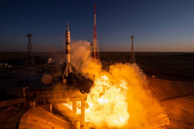 KAZAKHSTAN, KYZYLORDA REGION - JULY 14, 2026: A Soyuz-2.1a rocket booster blasts off from the Baikonur Cosmodrome to put into orbit the Soyuz MS-29 spacecraft with Roscosmos cosmonauts Pyotr Dubrov, Anna Kikina and NASA astronaut Anil Menon on board as the prime crew of Expedition 74 75 to the International Space Station (ISS). Sergei Savostyanov TASS  95045129
