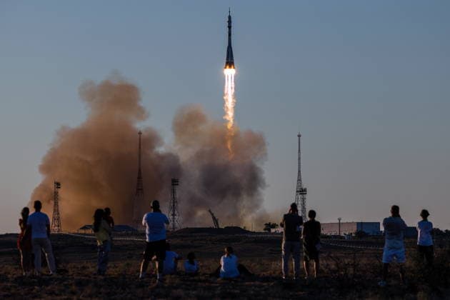 KAZAKHSTAN, KYZYLORDA REGION - JULY 14, 2026: A Soyuz-2.1a rocket booster blasts off from the Baikonur Cosmodrome to put into orbit the Soyuz MS-29 spacecraft with Roscosmos cosmonauts Pyotr Dubrov, Anna Kikina and NASA astronaut Anil Menon on board as the prime crew of Expedition 74 75 to the International Space Station (ISS). Sergei Savostyanov TASS  95045195