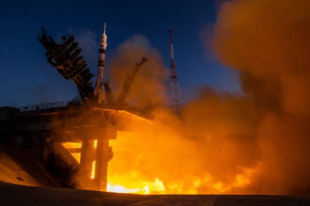 KAZAKHSTAN, KYZYLORDA REGION - JULY 14, 2026: A Soyuz-2.1a rocket booster blasts off from the Baikonur Cosmodrome to put into orbit the Soyuz MS-29 spacecraft with Roscosmos cosmonauts Pyotr Dubrov, Anna Kikina and NASA astronaut Anil Menon on board as the prime crew of Expedition 74 75 to the International Space Station (ISS). Sergei Savostyanov TASS  95044435