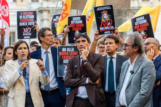July 14, 2026, Rome, Roma, Italy: Opposition leaders participate in the sit-in oo¡ooeÃ¢oeoÂ¤Ã¢oeÃ¢¢˜The Night of Democracyoo¡ooeÃ¢oeoÂ¤Ã¢oeÃ¢¢˜ against the reform of the electoral law in the photo Elly Schlein, Angelo Bonelli, Giuseppe Conte, Nicola Fratoianni Riccardo Magi Rome, 14 07 26 Rome Italy  - ZUMAa289 20260714_zia_a289_157 Copyright: xFrancescoxFotiax xAgfx