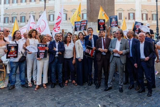 July 14, 2026, Rome, Roma, Italy: Opposition leaders participate in the sit-in oo¡ooeÃ¢oeoÂ¤Ã¢oeÃ¢¢˜The Night of Democracyoo¡ooeÃ¢oeoÂ¤Ã¢oeÃ¢¢˜ against the reform of the electoral law in the photo Elly Schlein, Angelo Bonelli, Giuseppe Conte, Nicola Fratoianni Riccardo Magi Rome, 14 07 26 Rome Italy  - ZUMAa289 20260714_zia_a289_159 Copyright: xFrancescoxFotiax xAgfx