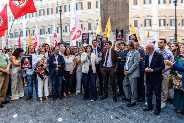 July 14, 2026, Rome, Roma, Italy: Opposition leaders participate in the sit-in oo¡ooeÃ¢oeoÂ¤Ã¢oeÃ¢¢˜The Night of Democracyoo¡ooeÃ¢oeoÂ¤Ã¢oeÃ¢¢˜ against the reform of the electoral law in the photo Elly Schlein, Angelo Bonelli, Giuseppe Conte, Nicola Fratoianni Riccardo Magi Rome, 14 07 26 Rome Italy  - ZUMAa289 20260714_zia_a289_160 Copyright: xFrancescoxFotiax xAgfx