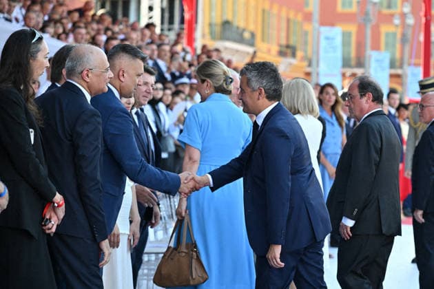 Pool Bestimage - Commemoration of tenth anniversary of the Nice bombing French Interior Minister Gerald Darmanin and former President Francois Hollande attend the ceremony to commemorate the tenth anniversary of the Nice bombing on July 14, 2026, which killed 86 people and injured 458, targeting adults, children and infants, during the Islamist-inspired truck-ramming attack on the Promenade des Anglais, the deadliest in Nice s history and second deadliest in France under the Fifth Republic. Photo by Bruno Bebert Pool ABACAPRESS.COM Nice France  Copyright: xPool ABACAx