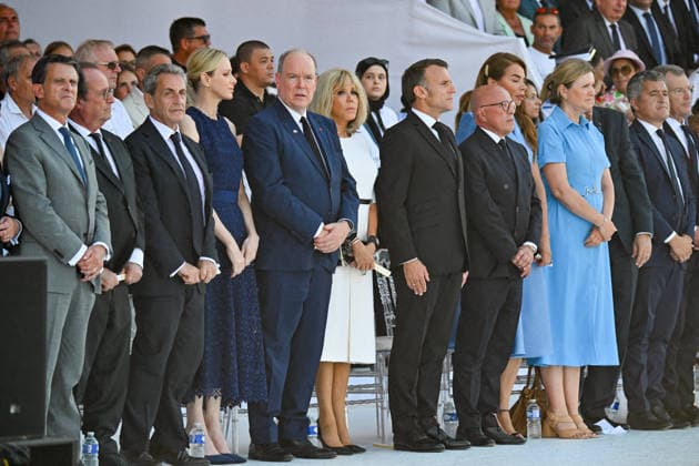 Pool Bestimage - Commemoration of tenth anniversary of the Nice bombing French President Emmanuel Macron, Princess Charlene of Monaco, Prince Albert II of Monaco, former President Francois Hollande, former Prime Minister Manuel Valls, former President Nicolas Sarkozy, Brigitte Macron, Nice Mayor Eric Ciotti, National Assembly President Yaël Braun-Pivet and Interior Minister Laurent Nunez attend the ceremony to commemorate the tenth anniversary of the Nice bombing on July 14, 2026, which killed 86 people and injured 458, targeting adults, children and infants, during the Islamist-inspired truck-ramming attack on the Promenade des Anglais, the deadliest in Nice s history and second deadliest in France under the Fifth Republic. Photo by Bruno  Copyright: xPool ABACAx