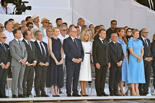 Pool Bestimage - Commemoration of tenth anniversary of the Nice bombing French President Emmanuel Macron, Princess Charlene of Monaco, Prince Albert II of Monaco, former President Francois Hollande, former Prime Minister Manuel Valls, former President Nicolas Sarkozy, Brigitte Macron, Nice Mayor Eric Ciotti, National Assembly President Yaël Braun-Pivet and Interior Minister Laurent Nunez attend the ceremony to commemorate the tenth anniversary of the Nice bombing on July 14, 2026, which killed 86 people and injured 458, targeting adults, children and infants, during the Islamist-inspired truck-ramming attack on the Promenade des Anglais, the deadliest in Nice s history and second deadliest in France under the Fifth Republic. Photo by Bruno  Copyright: xPool ABACAx