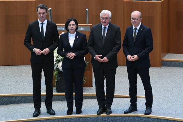 Gedenkstunde Hochwasserkatastrophe am 14.07.2026 im Landtag Nordrhein-Westfalen in Düsseldorf V.l.n.r.: Hendrik Wüst ( Ministerpräsident NRW ) - Claudia Müller-Bück ( Superintendentin des Ev. Kirchenkreise Bad Godesberg-Voreifel ) - Frank-Walter Steinmeier ( Bundespräsident ) - Andre Kuper ( Präsident des Landtages ) während der Gedenkstunde im Landtag Nordrhein-Westfalen. *** Memorial service for the flood disaster on July 14, 2026, at the North Rhine-Westphalia State Parliament in Düsseldorf. From left to right: Hendrik Wüst, Minister President of North Rhine-Westphalia; Claudia Müller Bück, Superintendent of the Evangelical Church Districts of Bad Godesberg and Voreifel; Frank Walter Steinmeier, Federal President; Andre Kuper, xRx