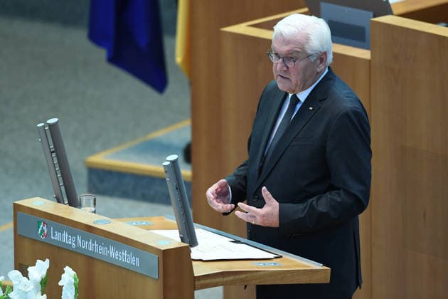 Gedenkstunde Hochwasserkatastrophe am 14.07.2026 im Landtag Nordrhein-Westfalen in Düsseldorf Frank-Walter Steinmeier ( Bundespräsident ) während der Gedenkstunde im Landtag Nordrhein-Westfalen. *** Memorial service for the flood disaster on July 14, 2026, at the State Parliament of North Rhine-Westphalia in Düsseldorf; Frank-Walter Steinmeier, Federal President, during the memorial service at the State Parliament of North Rhine-Westphalia xRx