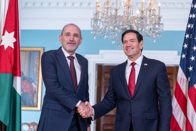 Marco Rubio meets Jordanian FM Safadi at State Department in Washington DC WASHINGTON DC, UNITED STATES - JULY 14: U.S. Secretary of State Marco Rubio (R) greets Jordanian Deputy Prime Minister and Foreign Minister Ayman Safadi (L) ahead of their bilateral meeting at the U.S. State Department in Washington, D.C., United States, on July 14, 2026. Mehmet Eser Anadolu Washington DC United States. Editorial use only. Please get in touch for any other usage.  Copyright: x2026xAnadoluxMehmetxEserx