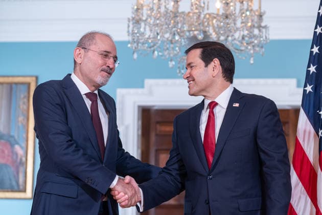 Marco Rubio meets Jordanian FM Safadi at State Department in Washington DC WASHINGTON DC, UNITED STATES - JULY 14: U.S. Secretary of State Marco Rubio (R) greets Jordanian Deputy Prime Minister and Foreign Minister Ayman Safadi (L) ahead of their bilateral meeting at the U.S. State Department in Washington, D.C., United States, on July 14, 2026. Mehmet Eser Anadolu Washington DC United States. Editorial use only. Please get in touch for any other usage.  Copyright: x2026xAnadoluxMehmetxEserx