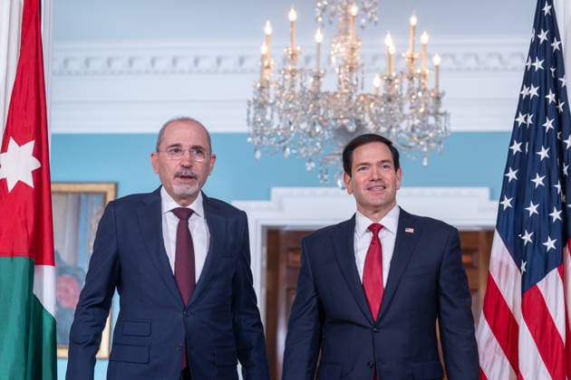 Marco Rubio meets Jordanian FM Safadi at State Department in Washington DC WASHINGTON DC, UNITED STATES - JULY 14: U.S. Secretary of State Marco Rubio (R) greets Jordanian Deputy Prime Minister and Foreign Minister Ayman Safadi (L) ahead of their bilateral meeting at the U.S. State Department in Washington, D.C., United States, on July 14, 2026. Mehmet Eser Anadolu Washington DC United States. Editorial use only. Please get in touch for any other usage.  Copyright: x2026xAnadoluxMehmetxEserx