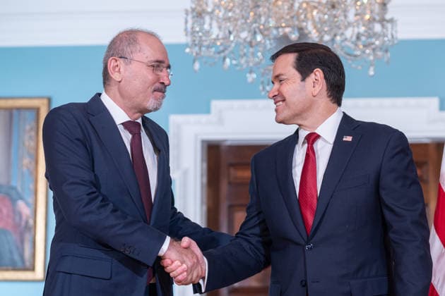 Marco Rubio meets Jordanian FM Safadi at State Department in Washington DC WASHINGTON DC, UNITED STATES - JULY 14: U.S. Secretary of State Marco Rubio (R) greets Jordanian Deputy Prime Minister and Foreign Minister Ayman Safadi (L) ahead of their bilateral meeting at the U.S. State Department in Washington, D.C., United States, on July 14, 2026. Mehmet Eser Anadolu Washington DC United States. Editorial use only. Please get in touch for any other usage.  Copyright: x2026xAnadoluxMehmetxEserx