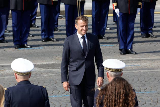 (260714) -- PARIS, July 14, 2026 -- French President Emmanuel Macron attends the annual Bastille Day military parade in Paris, France, on July 14, 2026. (Photo by Henri Szwarc Xinhua) FRANCE-PARIS-BASTILLE DAY-PARADE HengxLi¡¤shiwaci 