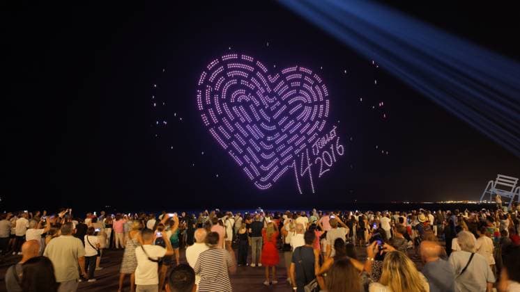 Drone show marks 10th anniversary of Nice attack NICE, FRANCE - JULY 14: Drone shows held to mark the 10th anniversary of the Nice attack that took place in 2016, in Nice, France, on July 14, 2026. The commemorative event was organized as part of remembrance ceremonies honoring the victims of the attack, with illuminated drones creating symbolic images in the night sky above the French Riviera city. Mohamad Salaheldin Abdelghani Alsayed Anadolu Nice France. Editorial use only. Please get in touch for any other usage.  Copyright: x2026xAnadoluxMohamadxSalaheldinxAbdelghanixAlsayedx