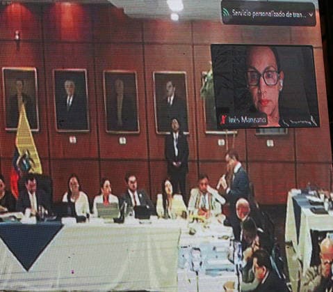 Quito, Tuesday, July 14, 2026: Meeting of the Oversight Committee to present evidence for the impeachment trial of former Minister Inés Manzano, who appeared remotely, in the Transito Amaguana Room. Photos: API, Rolando Enriquez, Quito, Pichincha, Ecuador, 20260714 233427 6a56cb5b3befd 1002132409 Copyright: xROLANDOxENRIQUEZx