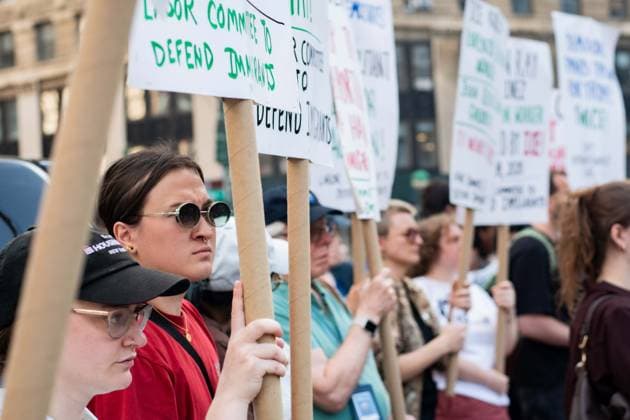 July 14, 2026, New York, New York, USA: Protesters gather in Foley Square in New York, York, to protest the killings of Lorenzo Salgado Araujo in Houston, Texas, and Joan Sebestian Guerrero in in Biddeford, Maine, by ICE agents on July 14, 2026. New York USA - ZUMAk208 20260714_znp_k208_006 Copyright: xKellyxKimballx