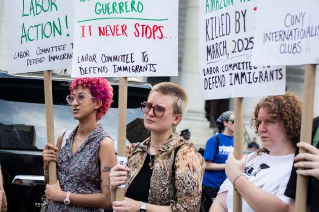 July 14, 2026, New York, New York, USA: Protesters gather in Foley Square in New York, York, to protest the killings of Lorenzo Salgado Araujo in Houston, Texas, and Joan Sebestian Guerrero in in Biddeford, Maine, by ICE agents on July 14, 2026. New York USA - ZUMAk208 20260714_znp_k208_007 Copyright: xKellyxKimballx