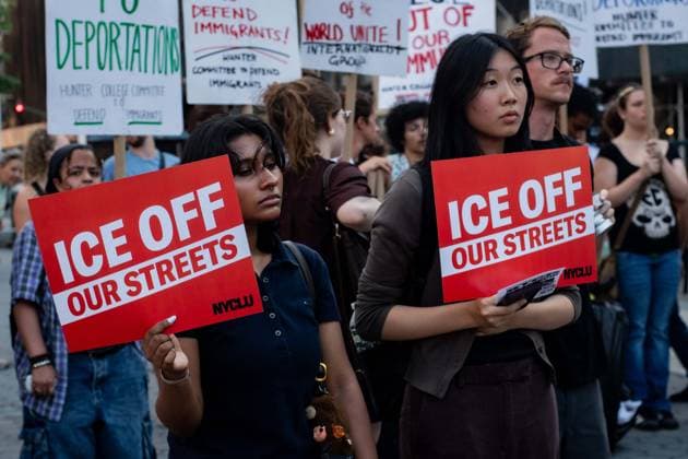 July 14, 2026, New York, New York, USA: Protesters gather in Foley Square in New York, York, to protest the killings of Lorenzo Salgado Araujo in Houston, Texas, and Joan Sebestian Guerrero in in Biddeford, Maine, by ICE agents on July 14, 2026. New York USA  - ZUMAk208 20260714_znp_k208_011 Copyright: xKellyxKimballx