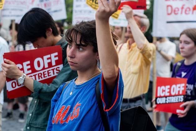 July 14, 2026, New York, New York, USA: Protesters gather in Foley Square in New York, York, to protest the killings of Lorenzo Salgado Araujo in Houston, Texas, and Joan Sebestian Guerrero in in Biddeford, Maine, by ICE agents on July 14, 2026. New York USA  - ZUMAk208 20260714_znp_k208_012 Copyright: xKellyxKimballx