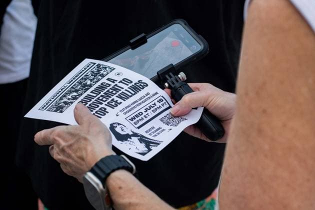 July 14, 2026, New York, New York, USA: Protesters gather in Foley Square in New York, York, to protest the killings of Lorenzo Salgado Araujo in Houston, Texas, and Joan Sebestian Guerrero in in Biddeford, Maine, by ICE agents on July 14, 2026. New York USA - ZUMAk208 20260714_znp_k208_014 Copyright: xKellyxKimballx