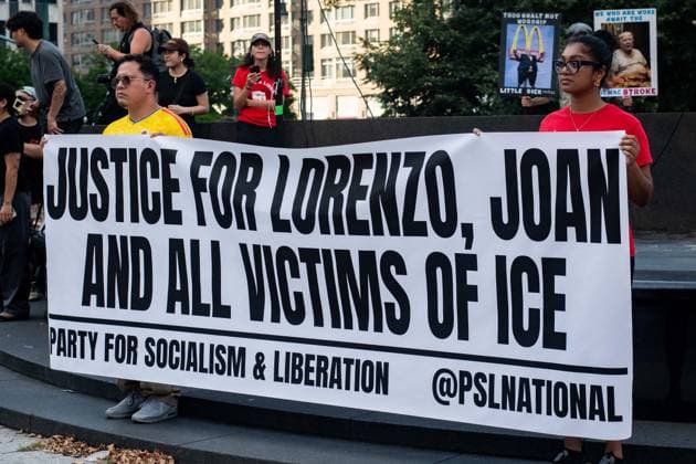 July 14, 2026, New York, New York, USA: Protesters gather in Foley Square in New York, York, to protest the killings of Lorenzo Salgado Araujo in Houston, Texas, and Joan Sebestian Guerrero in in Biddeford, Maine, by ICE agents on July 14, 2026. New York USA  - ZUMAk208 20260714_znp_k208_015 Copyright: xKellyxKimballx