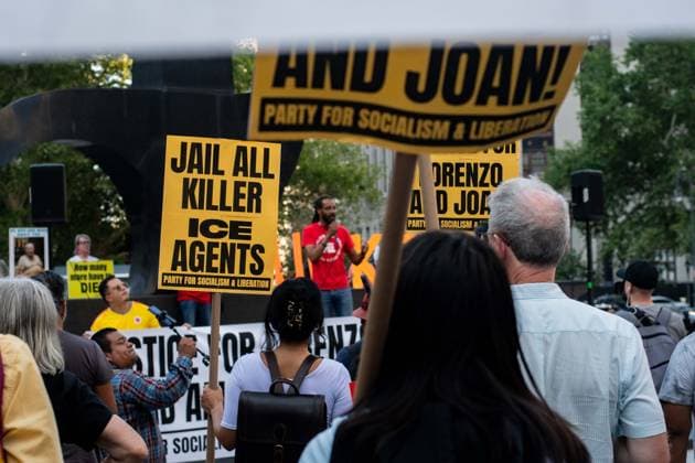 July 14, 2026, New York, New York, USA: Protesters gather in Foley Square in New York, York, to protest the killings of Lorenzo Salgado Araujo in Houston, Texas, and Joan Sebestian Guerrero in in Biddeford, Maine, by ICE agents on July 14, 2026. New York USA - ZUMAk208 20260714_znp_k208_018 Copyright: xKellyxKimballx