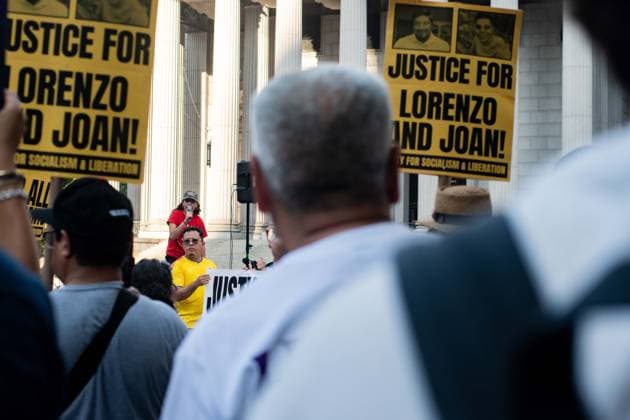 July 14, 2026, New York, New York, USA: Protesters gather in Foley Square in New York, York, to protest the killings of Lorenzo Salgado Araujo in Houston, Texas, and Joan Sebestian Guerrero in in Biddeford, Maine, by ICE agents on July 14, 2026. New York USA - ZUMAk208 20260714_znp_k208_021 Copyright: xKellyxKimballx