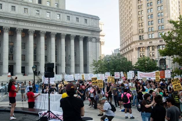 July 14, 2026, New York, New York, USA: Protesters gather in Foley Square in New York, York, to protest the killings of Lorenzo Salgado Araujo in Houston, Texas, and Joan Sebestian Guerrero in in Biddeford, Maine, by ICE agents on July 14, 2026. New York USA - ZUMAk208 20260714_znp_k208_025 Copyright: xKellyxKimballx