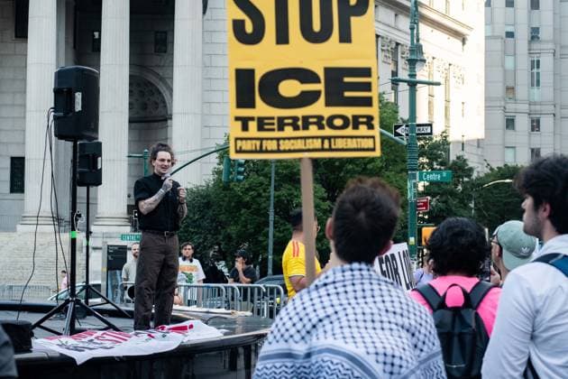 July 14, 2026, New York, New York, USA: Protesters gather in Foley Square in New York, York, to protest the killings of Lorenzo Salgado Araujo in Houston, Texas, and Joan Sebestian Guerrero in in Biddeford, Maine, by ICE agents on July 14, 2026. New York USA - ZUMAk208 20260714_znp_k208_028 Copyright: xKellyxKimballx
