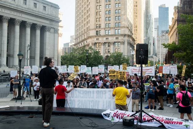 July 14, 2026, New York, New York, USA: Protesters gather in Foley Square in New York, York, to protest the killings of Lorenzo Salgado Araujo in Houston, Texas, and Joan Sebestian Guerrero in in Biddeford, Maine, by ICE agents on July 14, 2026. New York USA - ZUMAk208 20260714_znp_k208_029 Copyright: xKellyxKimballx