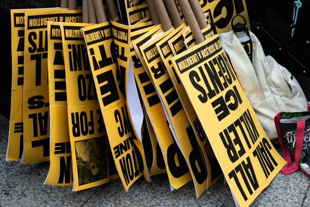 July 14, 2026, New York, New York, USA: Protesters gather in Foley Square in New York, York, to protest the killings of Lorenzo Salgado Araujo in Houston, Texas, and Joan Sebestian Guerrero in in Biddeford, Maine, by ICE agents on July 14, 2026. New York USA  - ZUMAk208 20260714_znp_k208_036 Copyright: xKellyxKimballx