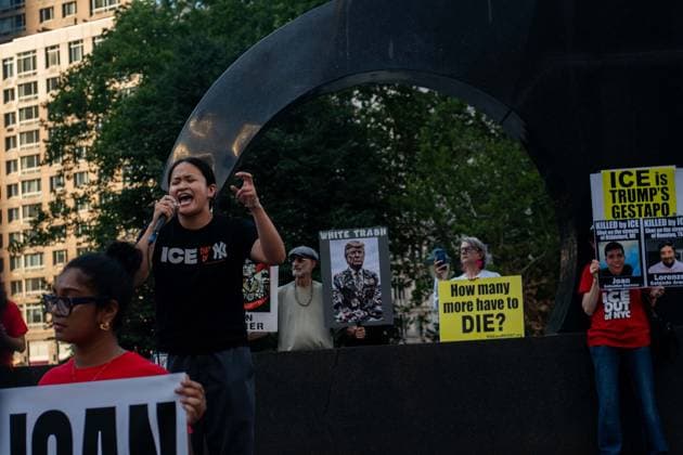 July 14, 2026, New York, New York, USA: Protesters gather in Foley Square in New York, York, to protest the killings of Lorenzo Salgado Araujo in Houston, Texas, and Joan Sebestian Guerrero in in Biddeford, Maine, by ICE agents on July 14, 2026. New York USA - ZUMAk208 20260714_znp_k208_034 Copyright: xKellyxKimballx