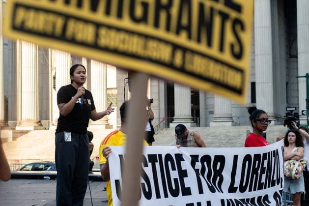 July 14, 2026, New York, New York, USA: Protesters gather in Foley Square in New York, York, to protest the killings of Lorenzo Salgado Araujo in Houston, Texas, and Joan Sebestian Guerrero in in Biddeford, Maine, by ICE agents on July 14, 2026. New York USA - ZUMAk208 20260714_znp_k208_035 Copyright: xKellyxKimballx