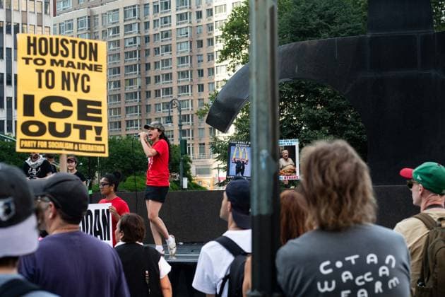 July 14, 2026, New York, New York, USA: Protesters gather in Foley Square in New York, York, to protest the killings of Lorenzo Salgado Araujo in Houston, Texas, and Joan Sebestian Guerrero in in Biddeford, Maine, by ICE agents on July 14, 2026. New York USA  - ZUMAk208 20260714_znp_k208_040 Copyright: xKellyxKimballx