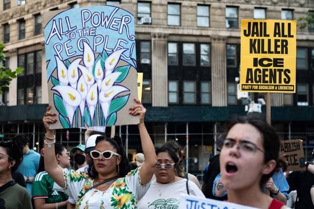 July 14, 2026, New York, New York, USA: Protesters gather in Foley Square in New York, York, to protest the killings of Lorenzo Salgado Araujo in Houston, Texas, and Joan Sebestian Guerrero in in Biddeford, Maine, by ICE agents on July 14, 2026. New York USA - ZUMAk208 20260714_znp_k208_041 Copyright: xKellyxKimballx