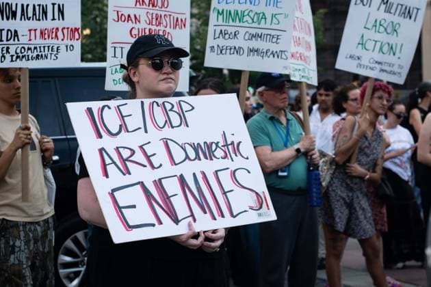 July 14, 2026, New York, New York, USA: Protesters gather in Foley Square in New York, York, to protest the killings of Lorenzo Salgado Araujo in Houston, Texas, and Joan Sebestian Guerrero in in Biddeford, Maine, by ICE agents on July 14, 2026. New York USA  - ZUMAk208 20260714_znp_k208_044 Copyright: xKellyxKimballx