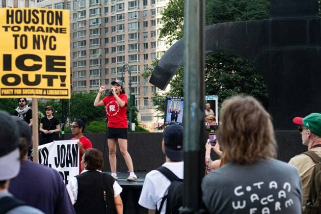 July 14, 2026, New York, New York, USA: Protesters gather in Foley Square in New York, York, to protest the killings of Lorenzo Salgado Araujo in Houston, Texas, and Joan Sebestian Guerrero in in Biddeford, Maine, by ICE agents on July 14, 2026. New York USA - ZUMAk208 20260714_znp_k208_045 Copyright: xKellyxKimballx