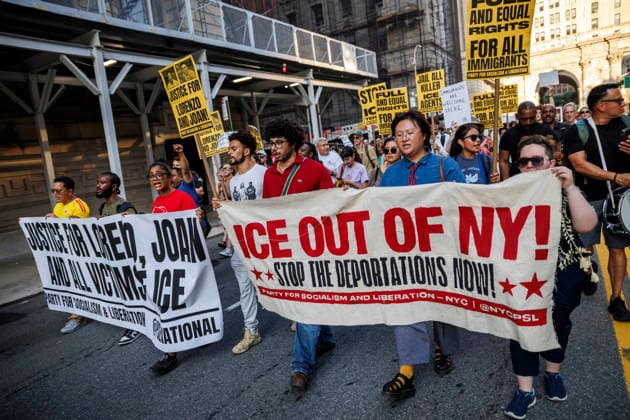 July 14, 2026, New York, New York, USA: Protesters march and demand justice for Lorenzo Salgado Araujo, 52, a man shot and killed by Immigration and Customs Enforcement (ICE). Protesters call for a full investigation into the fatal shooting and demand an end to local collaboration with ICE. New York USA  - ZUMAh182 20260714_znp_h182_007 Copyright: xMatthewxHoenx