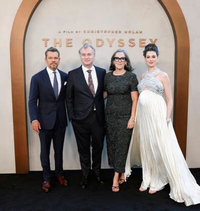 Matt Damon, Christopher Nolan, Emma Thomas and Anne Hathaway arrive on the red carpet when Universal Pictures and Syncopy present the New York Premiere of The Odyssey at AMC Lincoln Square Theater on Tuesday, July 14, 2026 in New York City.  NYP20260714280 JOHNxANGELILLO