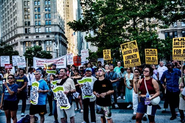 July 14, 2026, New York, New York, USA: New Yorkers took to the street to protest the killing of two men by ICE. Lorenzo Salgado Araujo was killed in Houston and Joan Guerrero in Maine last week. They gathered in Foley Square in downtown Manhattan part of a nationwide day of action over the recent killings. New York USA - ZUMAa251 20260714_znp_a251_010 Copyright: xDianaxApfelbacherx