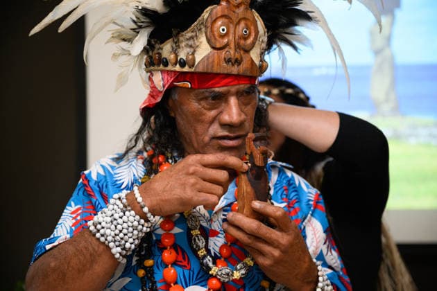 RAPA NUI ANCESTORS RETURN, Rapa Nui delegation representative Johnny Tuky Huke has Vaitiare Pakarati, Rapa Nui artist and delegation member removes a cultural item to present as a gift during a ceremony to formally return 17 Rapa Nui ancestors and a sample of human hair to Te Mau Hatu o Rapa Nui (Easter Island) representatives at the Australian Museum, in Sydney, Wednesday, July 15, 2026. ( NO ARCHIVING SYDNEY NEW SOUTH WALES AUSTRALIA  Copyright: xDANxHIMBRECHTSx 20260715178721133118