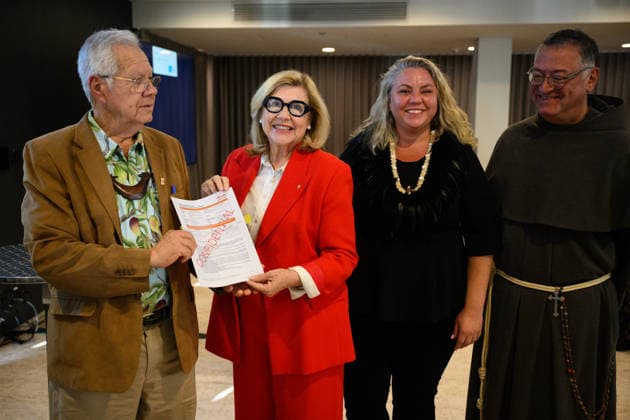 RAPA NUI ANCESTORS RETURN, (L-R) Uncle Carlos Paoa, President of Rapa Nui Council of Elders, Kim McKay, Director & CEO, Australian Museum Laura McBride, Director First Nations, Australian Museum and Father Francisco Nahoe, North American Repatriation Coordinator, Te Mau Hatu with the signed custodianship documents during a ceremony to formally return 17 Rapa Nui ancestors and a sample of human hair to Te Mau Hatu o Rapa Nui (Easter Island) representatives at the Australian Museum, in Sydney, Wednesday, July 15, 2026. ( NO ARCHIVING SYDNEY NEW SOUTH WALES AUSTRALIA  Copyright: xDANxHIMBRECHTSx 20260715169535422261