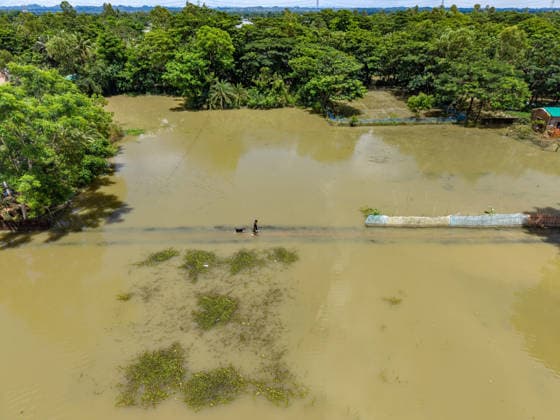 Aftermath Of Floodwaters In Chattogram An aerial view shows the scale of waterlogging and damage to rural settlements as floodwaters slowly recede in Banshkhali, Chattogram, Bangladesh, on July 14, 2026. Floodwaters in Banshkhali and Satkania in Chittagong are slowly receding, with many areas still knee-deep in water. As the water recedes, collapsed mud houses, damaged structures, destroyed brick kilns and severely damaged agricultural land are becoming visible, displacing thousands of people. Chattogram Bangladesh  Copyright: xZakirxHossainx originalFilename: hossain-notitle260714_npaBM.jpg