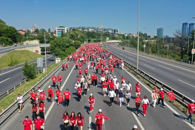 July 15 Democracy and Martyrs Commemoration Run held on July 15th Martyrs Bridge ISTANBUL, TURKIYE - JULY 15: An aerial view shows people taking part in The July 15 Democracy and Martyrs Commemoration Walk organized by the Turkish Athletics Federation on July 15, 2026 in Istanbul, Turkiye. Bunyamin Celik Anadolu Istanbul Turkey. Editorial use only. Please get in touch for any other usage.  Copyright: x2026xAnadoluxBunyaminxCelikx